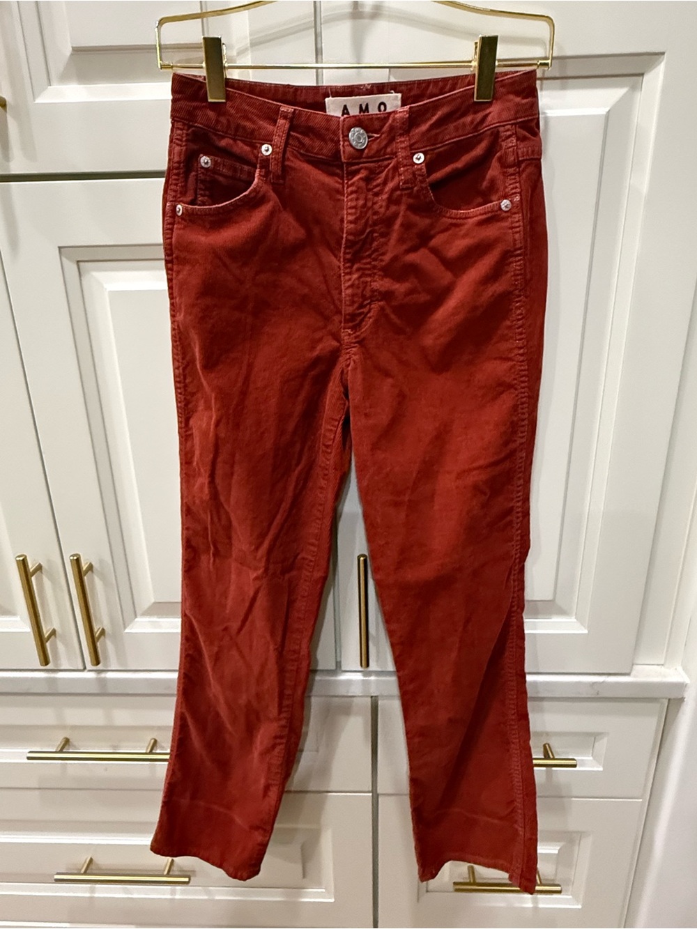 AMO Women’s Rust Corduroy Straight Leg Mid Rise Pants Pockets Button Zip